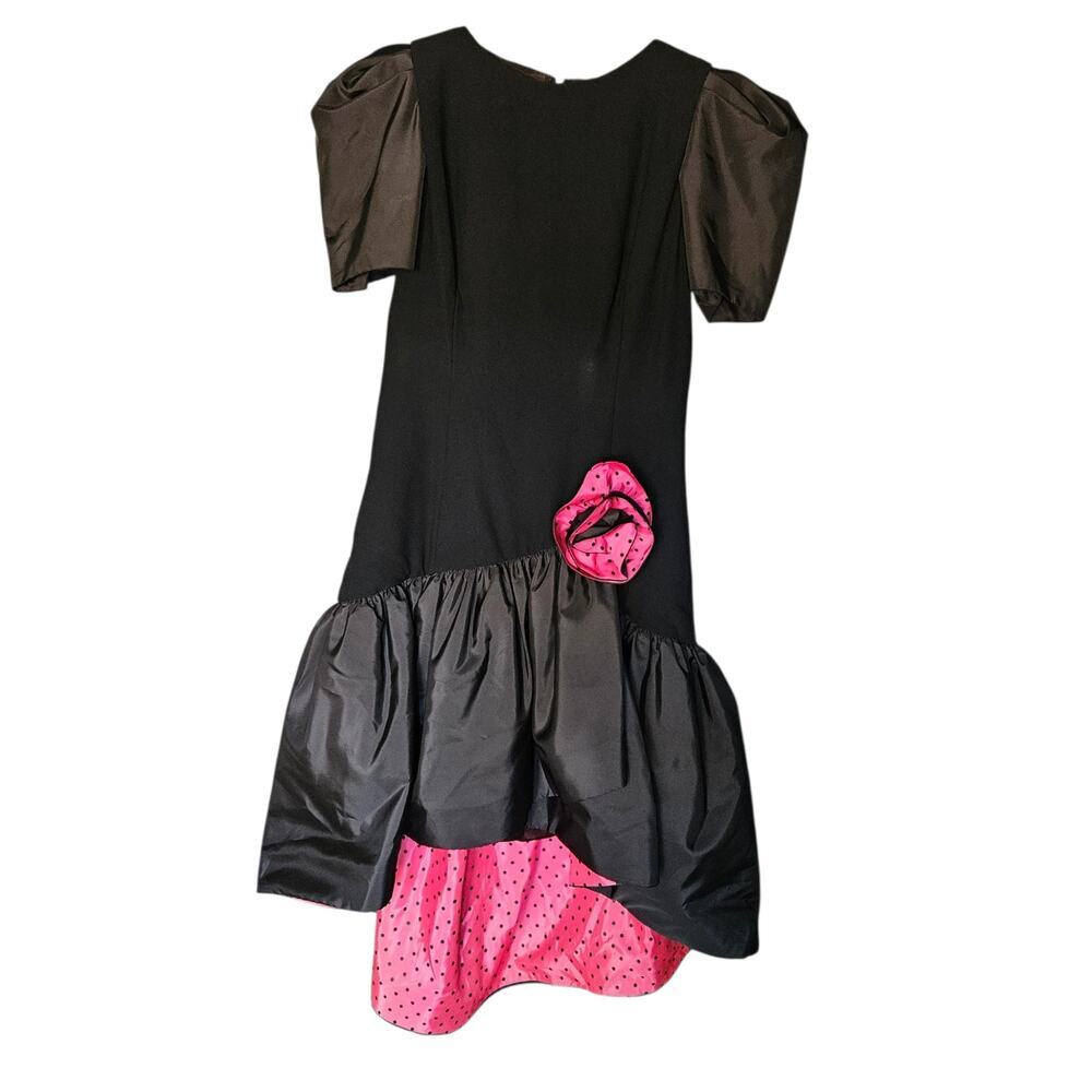Vintage 1980 Morton Myles Formal Black Party Dress Pink Black Polka Dots Bow 10